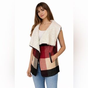 Me Jane Plaid Sherpa Vest Womens Boho Cozy Faux Fur Lined Open Front